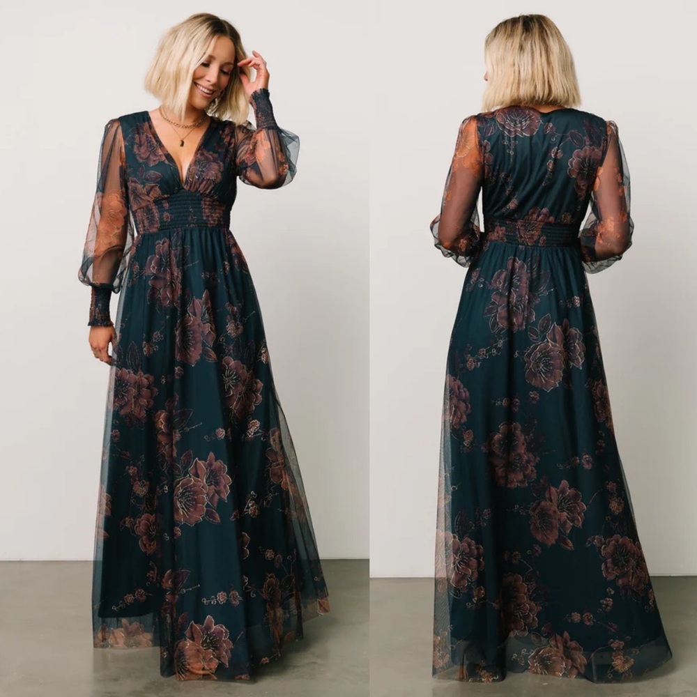 Floral V-Neck Long Sleeve Maxi Dress - Teal Floral